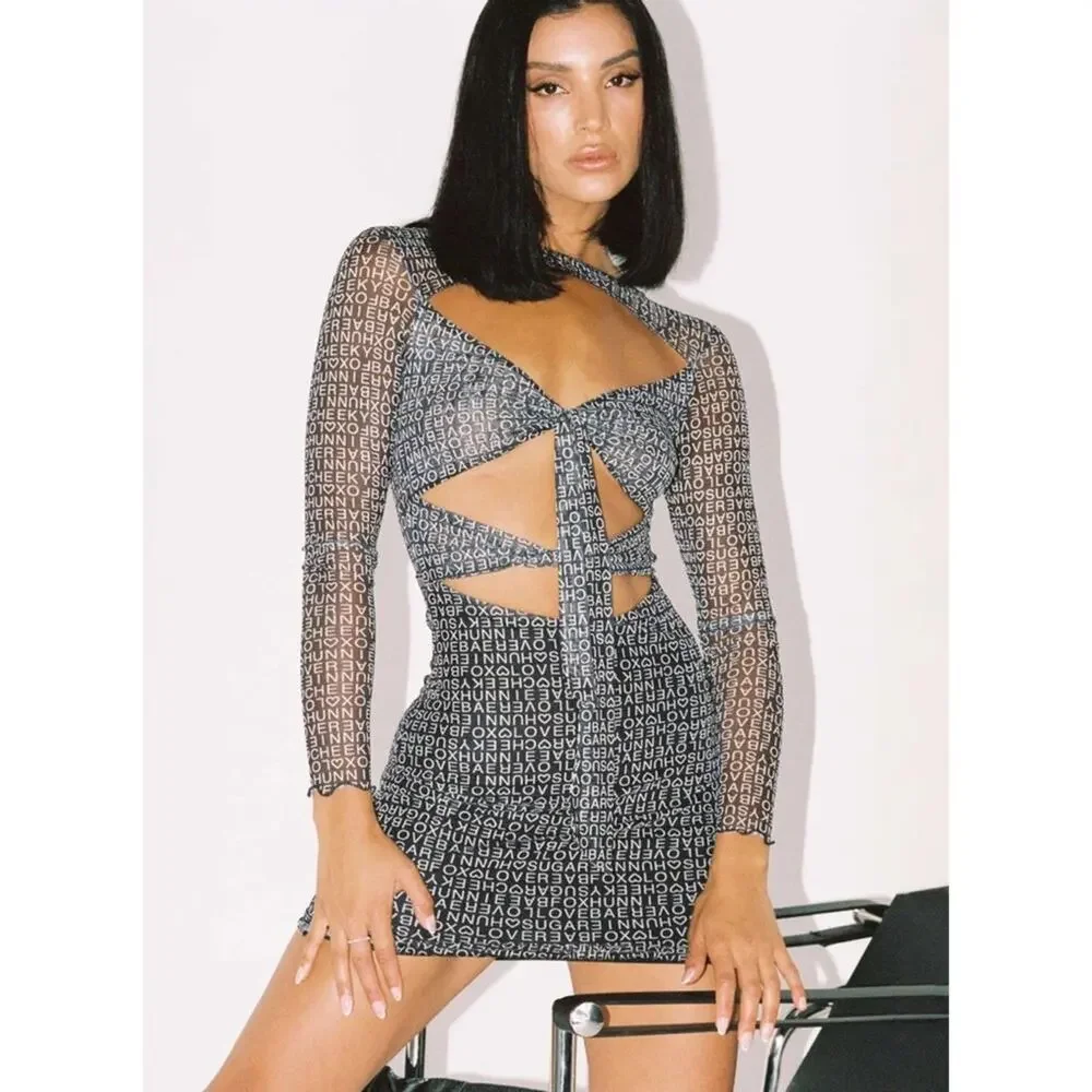 Princess Polly Text Me Mini Dress Black White print keyhole cutout mesh
